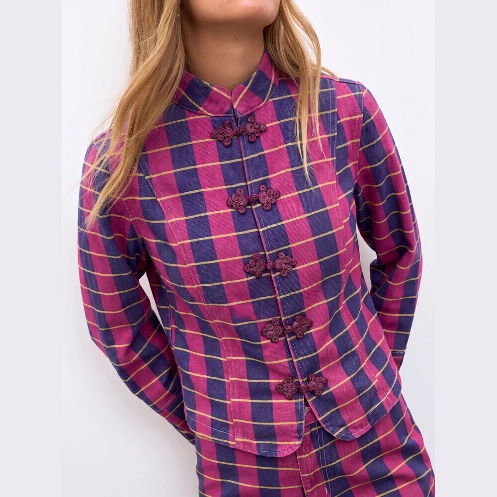 Pink / Navy Blue Plaid Frog Button Mandarin Collar Denim Jacket